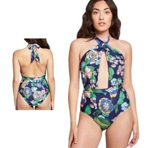 Modcloth Bethany Criss Cross One Piece Navy Floral Swimsuit